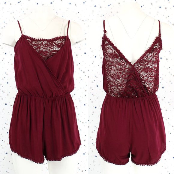 Surplice Lace Pompom Cami Romper Burgundy - Picture 1 of 8